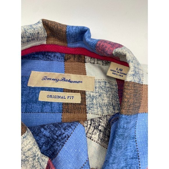 Tommy Bahama Mens Silk Shirt Checkered Blue Brown Pink Button Up Short Sleeve L - Picture 5 of 6